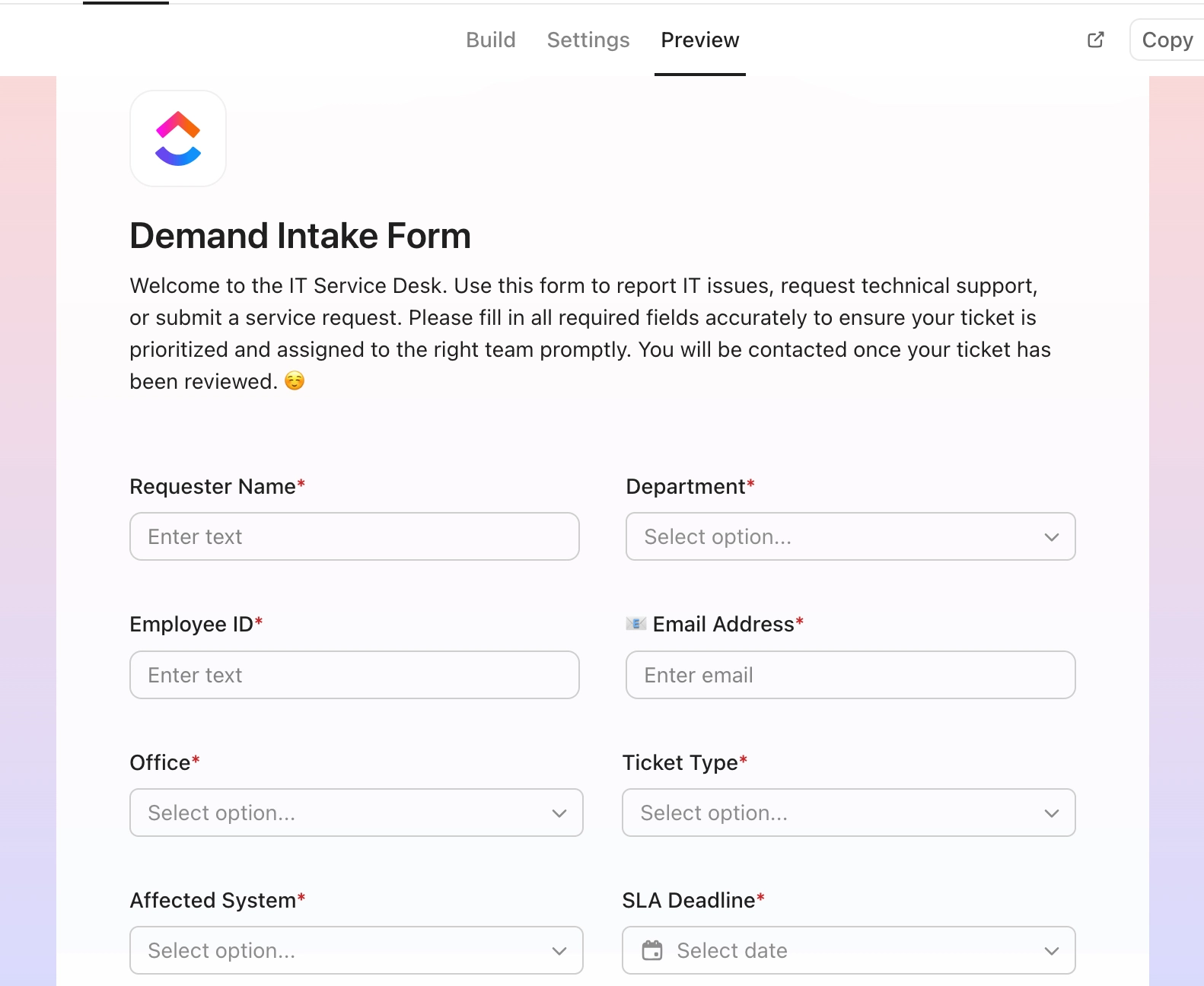 Screenshot of demand intake form