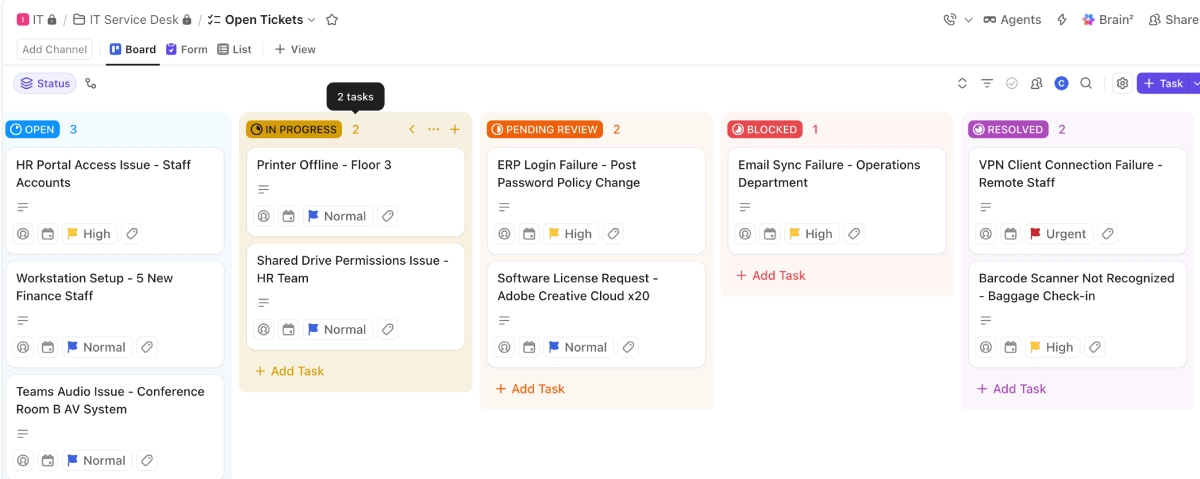 Screenshot of open ClickUp tickets