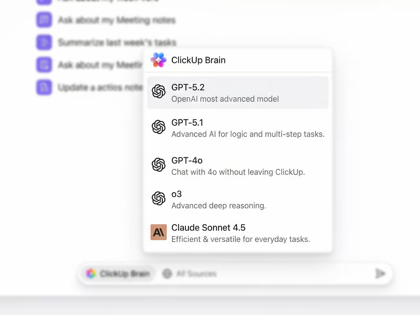 Choose premium AI models inside ClickUp Brain — GPT and Claude