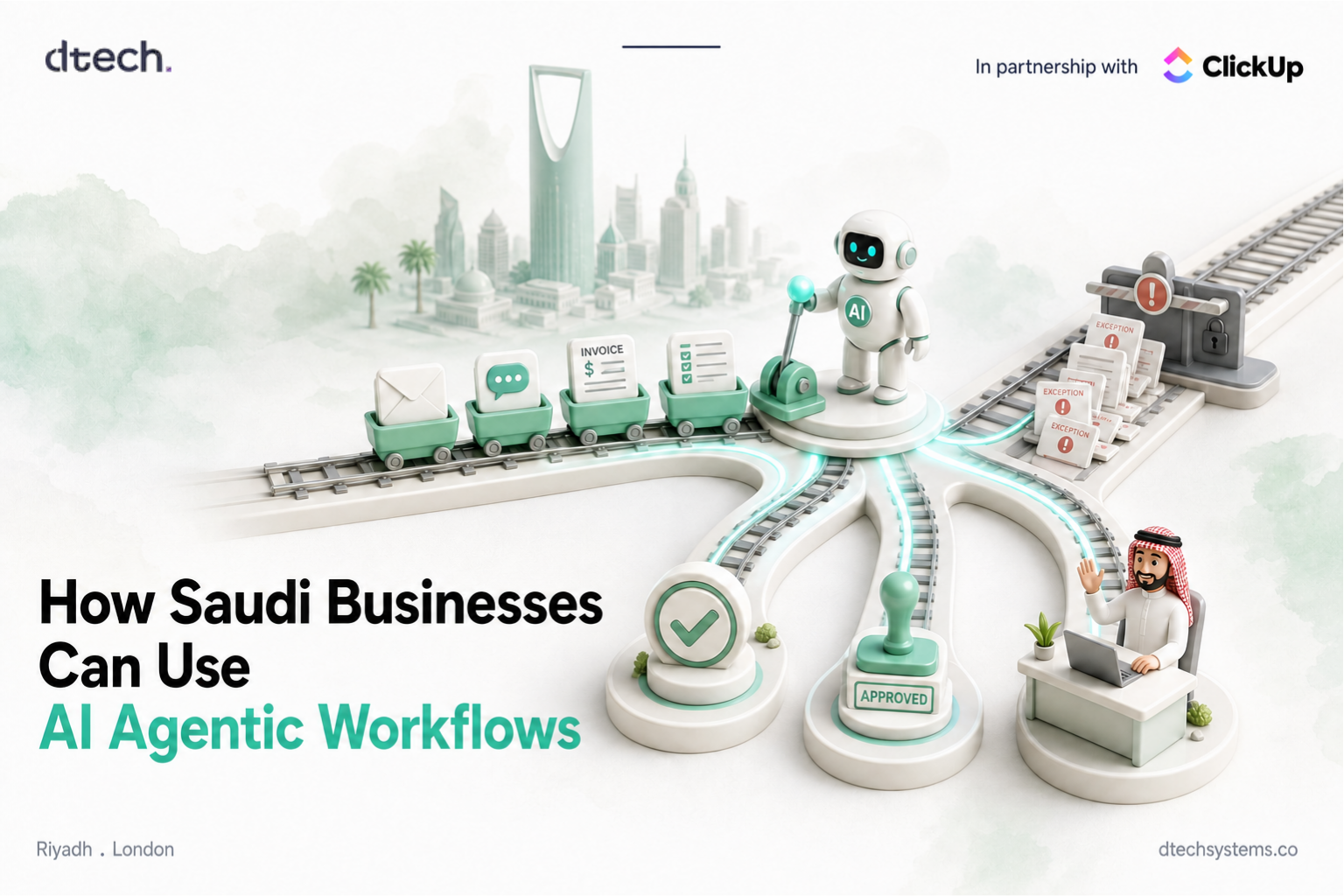 AI agentic workflows for Saudi businesses compared with traditional automation, shown over the Riyadh skyline