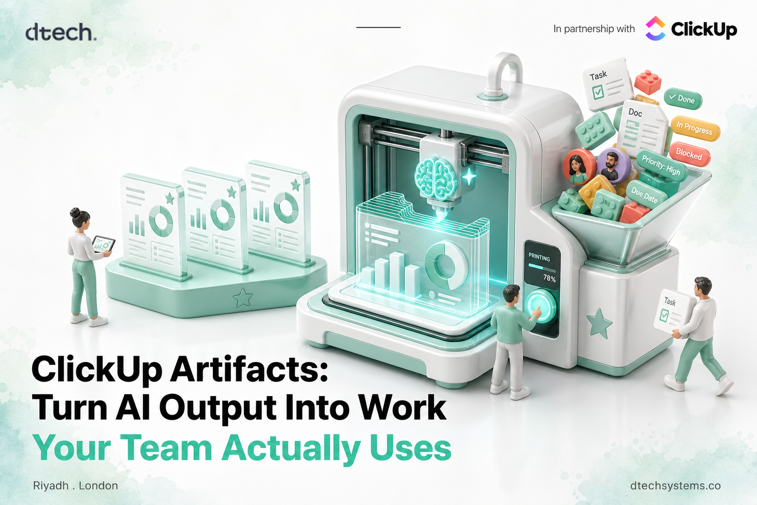 ClickUp Artifacts turning workspace data into a live dashboard and slide deck