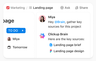ClickUp Brain finding project sources inside a workspace task