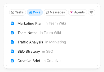 ClickUp workspace search across tasks, docs, messages and agents