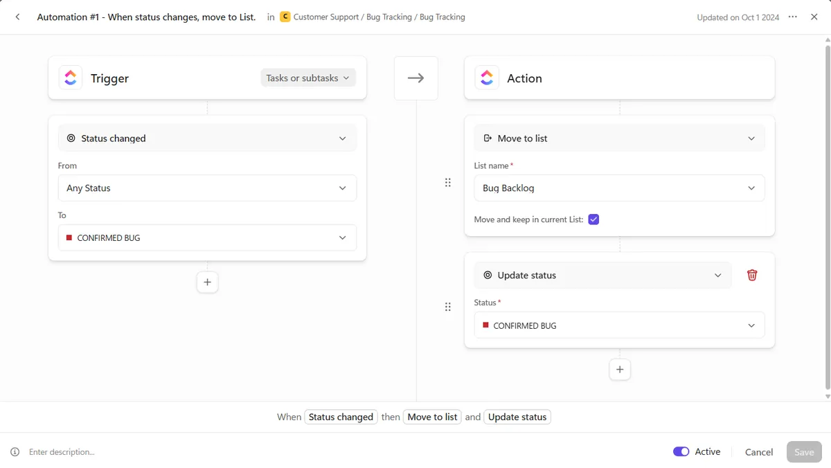 ClickUp Automations trigger, condition and action flow