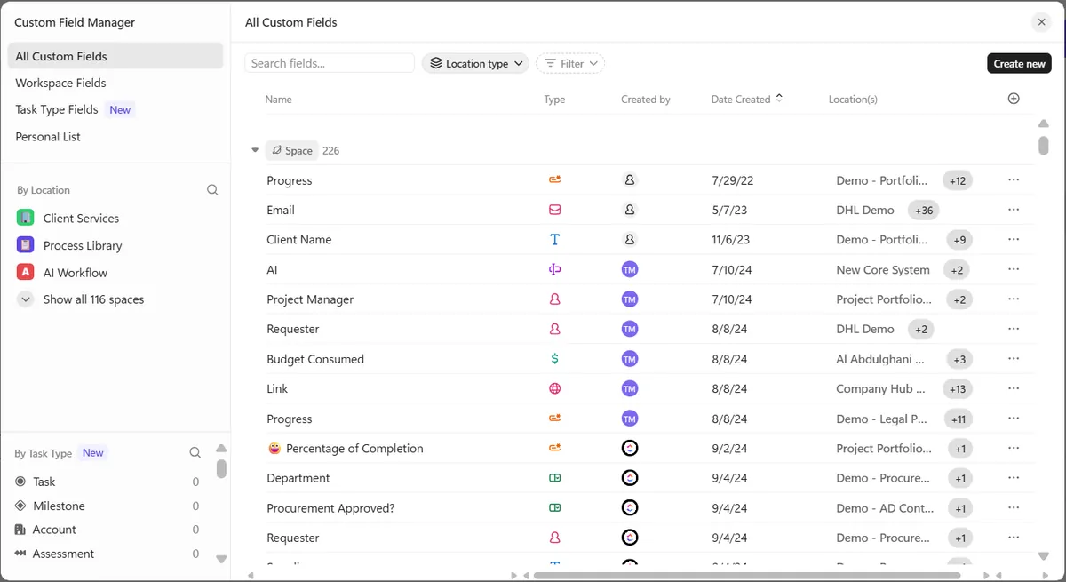 ClickUp Custom Fields for department, region, client and approval status