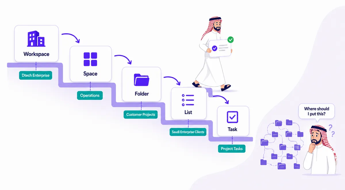 ClickUp hierarchy: Workspace, Space, Folder, List and Task